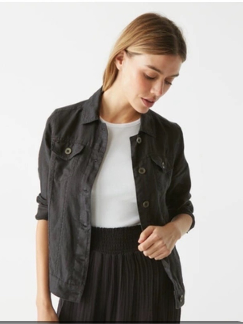 Michael Stars Black Jean Trucker Button-Front Woven Linen Jacket